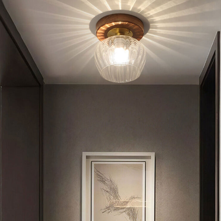 Luz de techo semiempotrada de 1 luz con base de madera y vidrio moderno en forma de cúpula 
