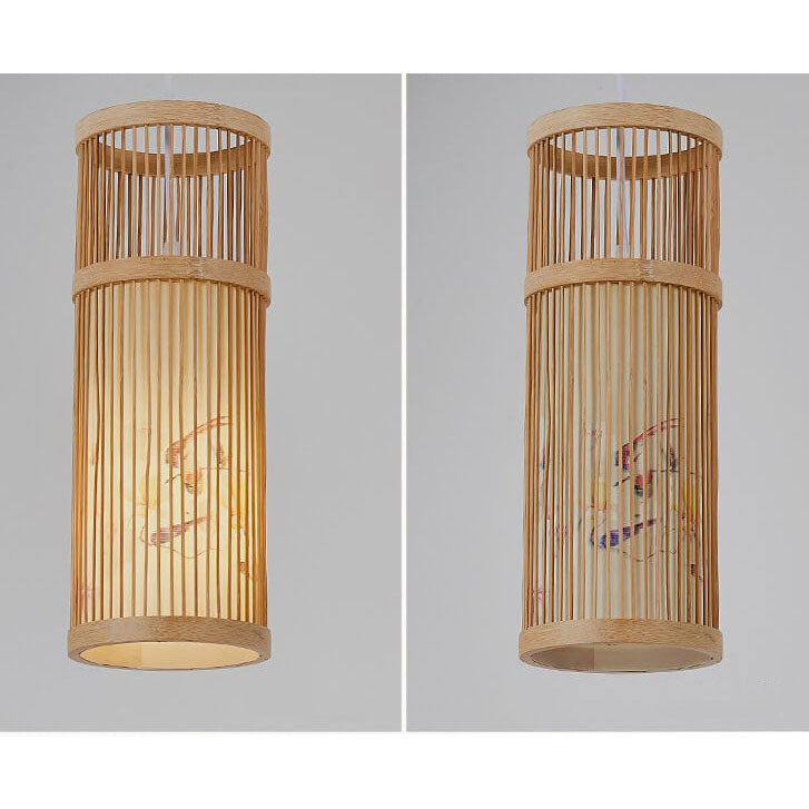 Modern Chinese Bamboo Weaving Long Cylinder 1-Light Pendant Light