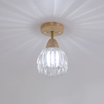 Japanese Vintage Wood Glass Cone Flower 1-Light Semi-Flush Mount Ceiling Light