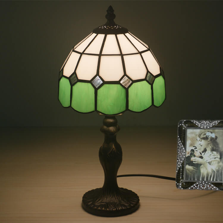 Vintage Tiffany Gemstone Stained Glass Round 1-Light Table Lamp