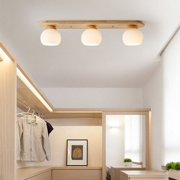 Traditional Japanese Striped Glass Wood Long Plate 2/3 Light Flush Mount Ceiling Light