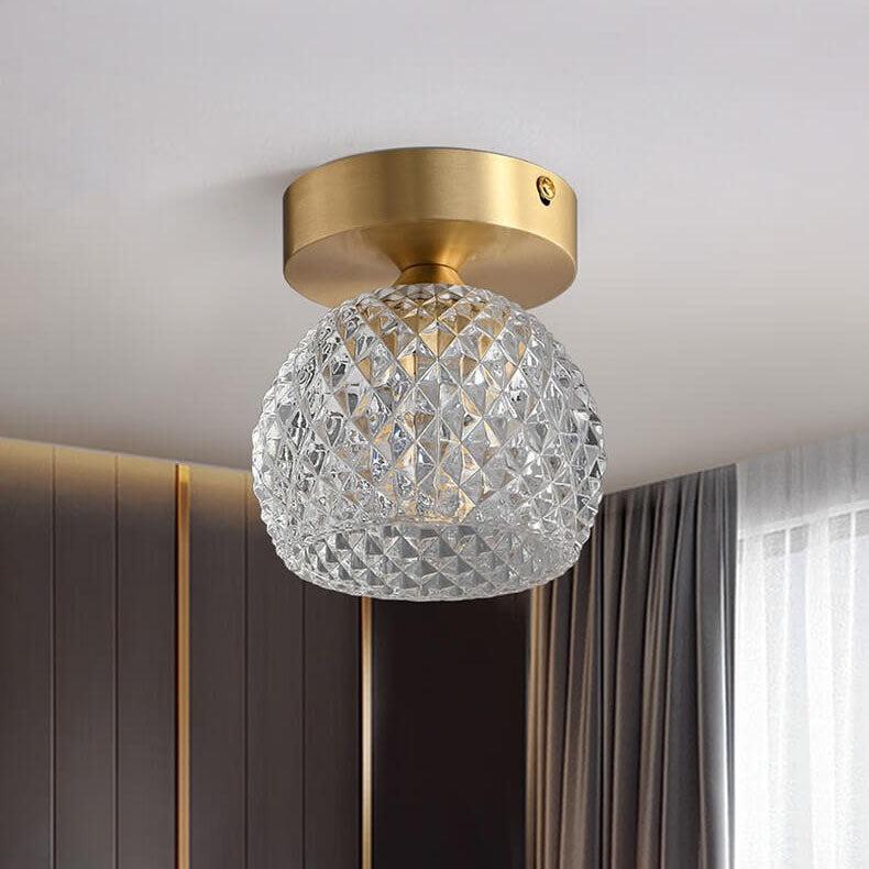 Modern Minimalist Pineapple Full Copper Crystal Glass 1-Light Semi-Flush Mount Ceiling Light