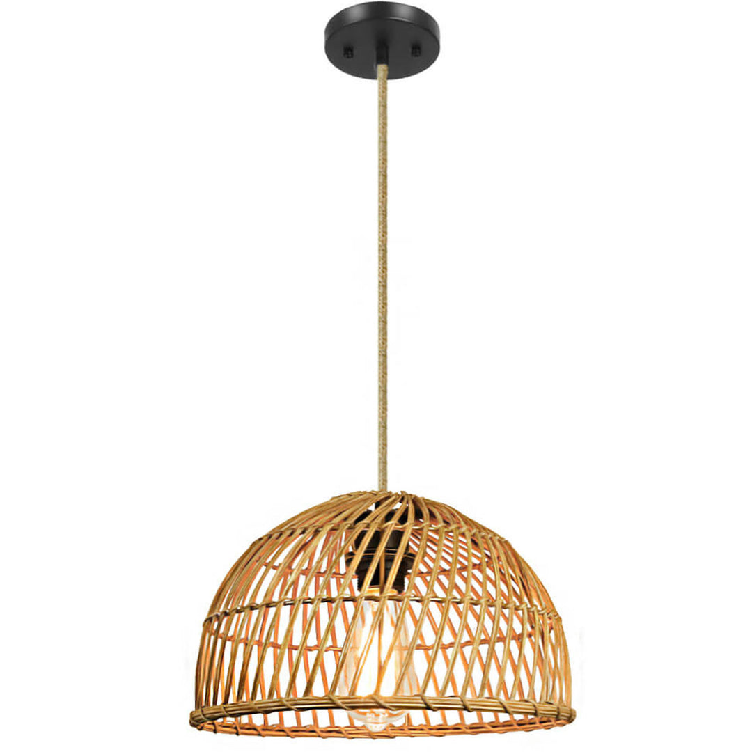 Suspension Luminaire à 1 Lumière en Rotin Vintage Tressé en Dôme 