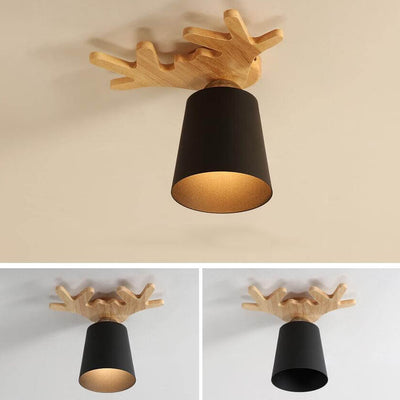 Nordic Minimalist Antler Wood Cone 1-Light Semi-Flush Mount Ceiling Light