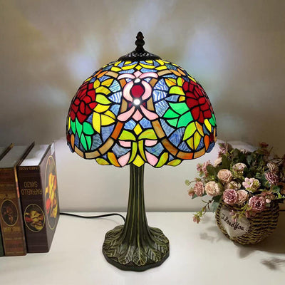 Tiffany Half Round Rose Hardware Stained Glass 1-Light Table Lamp