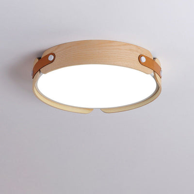 Modern Minimalist Solid Wood Round Leather Design LED Flush Mount Ceiling Light