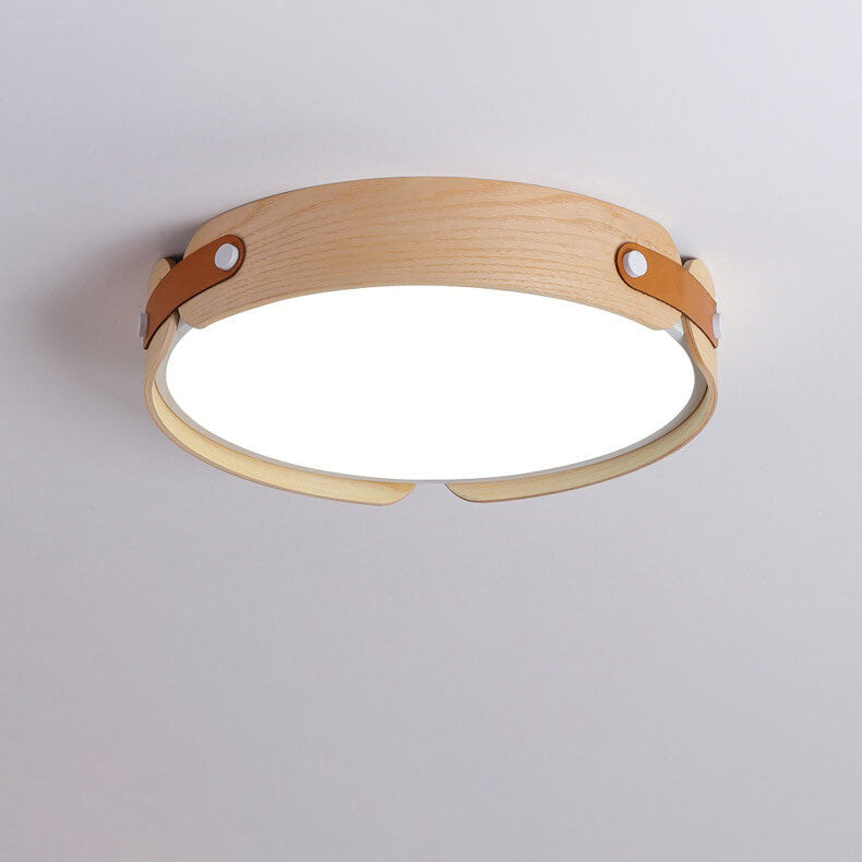 Modern Minimalist Solid Wood Round Leather Design LED Flush Mount Ceiling Light