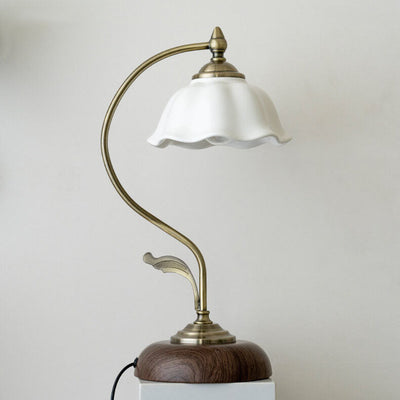 Vintage Walnut Flower Shade Ceramic 1-Light Table Lamp