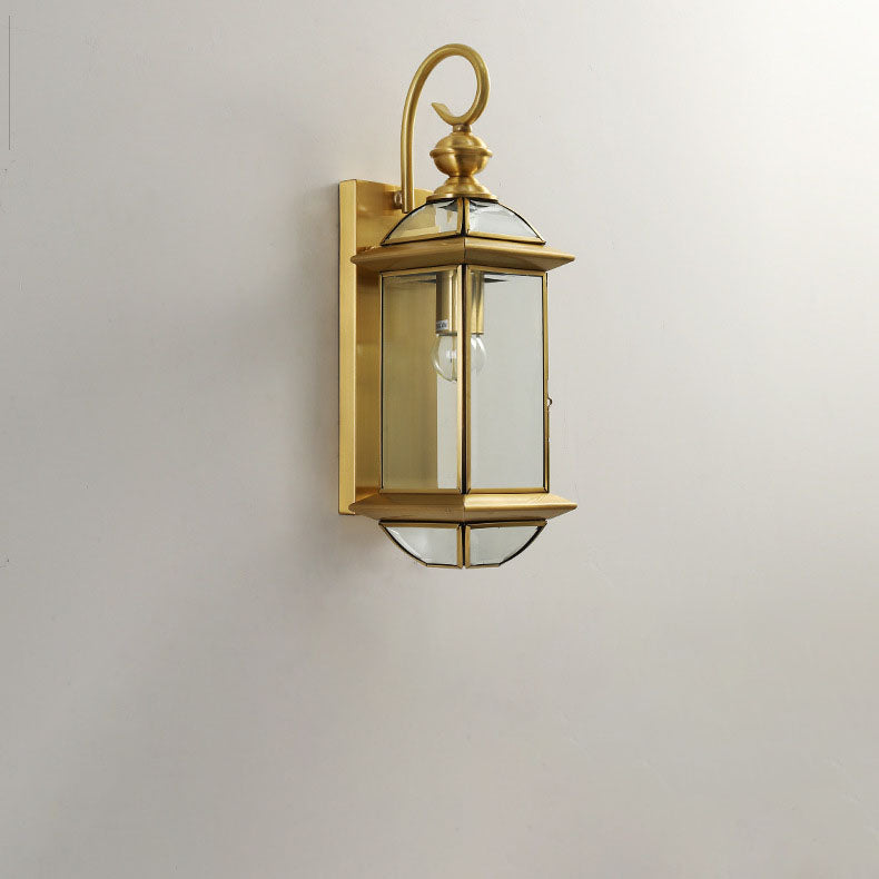 Farol cuadrado tradicional europeo de cobre y vidrio de 1 luz, aplique de pared exterior impermeable para exterior 