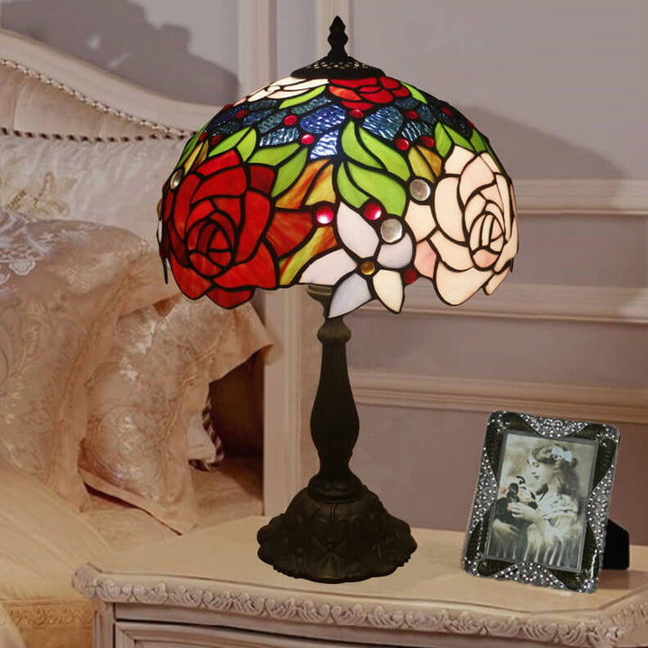 European Vintage Rose Stained Glass 1-Light Table Lamp