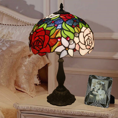 European Vintage Rose Stained Glass 1-Light Table Lamp