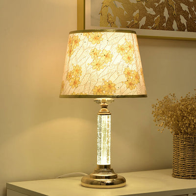 European Floral Fabric Shade Crystal Lamp Base 1-Licht-Tischlampe