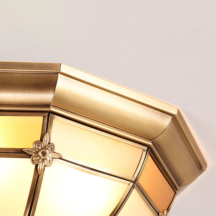 Traditional Chinese Copper Glass Round Flower Pattern 3/4/6 Light Flush Mount Ceiling Light for Living Room