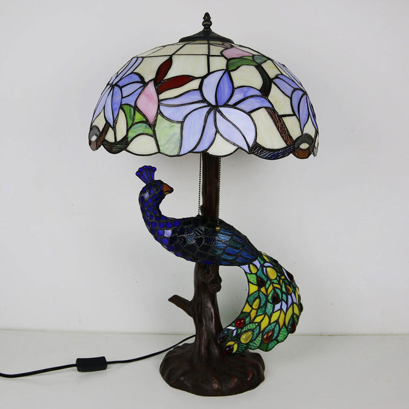 Tiffany Classical Flower Stained Glass Peacock Base 3-Light Table Lamp