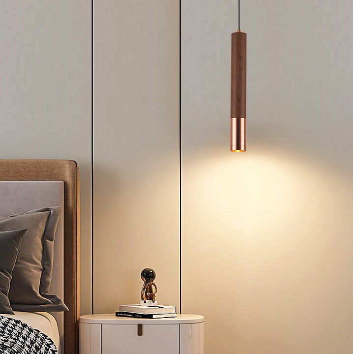 Nordic Minimalist Walnut Strip Aluminum Lampshade LED Pendant Light