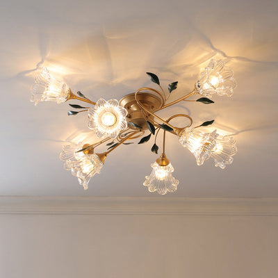 Traditional European Floral Iron Glass 6/8/10 Light Semi-Flush Mount Ceiling Light For Bedroom