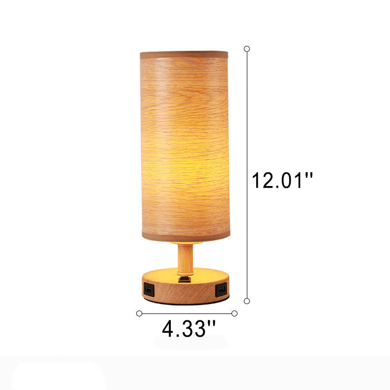 Moderne Tischlampe mit Holzmaserung Stoffschirm 1-Licht 
