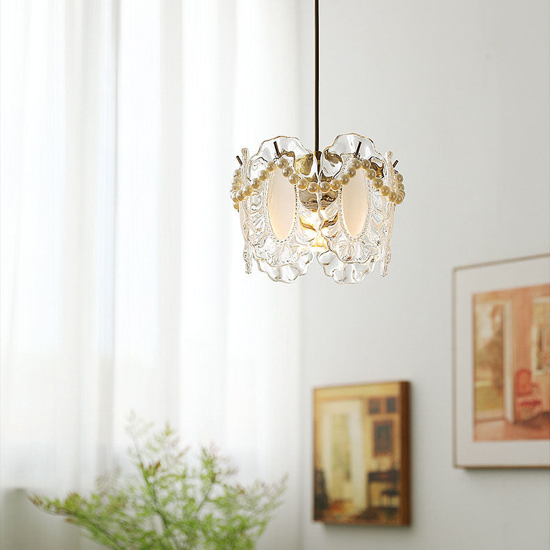 Traditional French Feather Pearl Petal Hardware Glass 1-Light Pendant Light For Bedroom