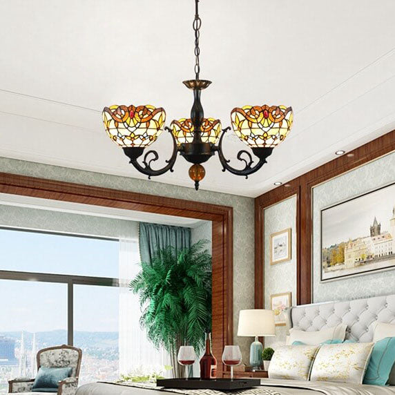 Vintage Tiffany Baroque Stained Glass 3-Light Chandelier