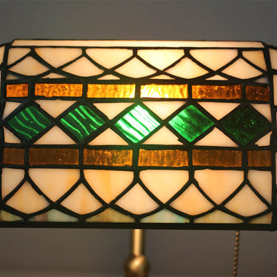 Vintage Tiffany Diamond Line Stained Glass 1-Light Bank Table Lamp