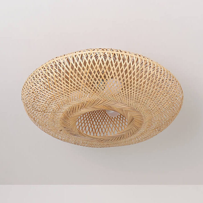 Japanese Bamboo Weaving Round Flying Saucer 3-Light Semi-Flush Mount Light