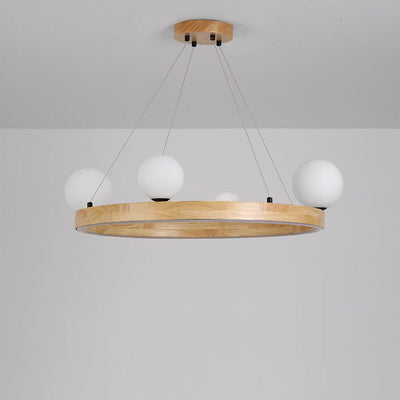 Nordic Minimalist Wood Circle Glass Ball 3/4 Light Chandelier