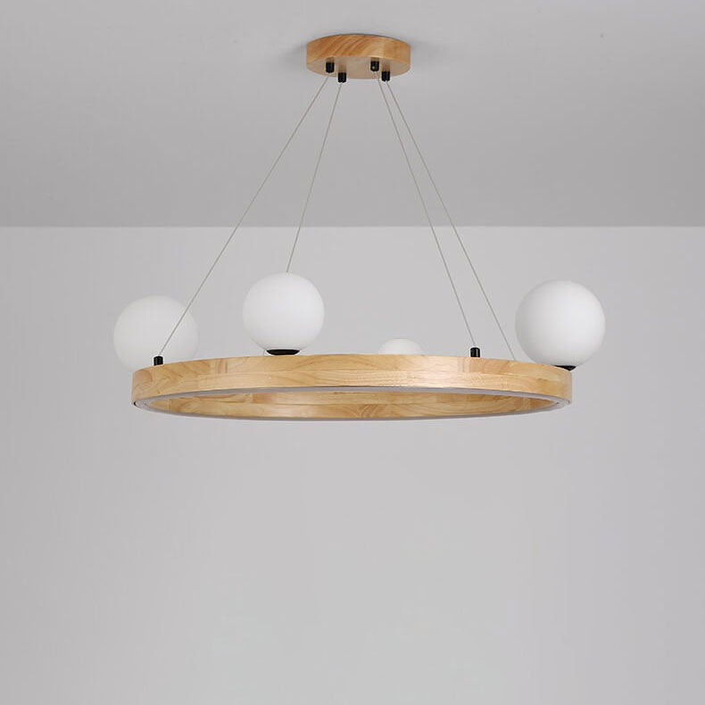 Nordic Minimalist Wood Circle Glass Ball 3/4 Light Chandelier