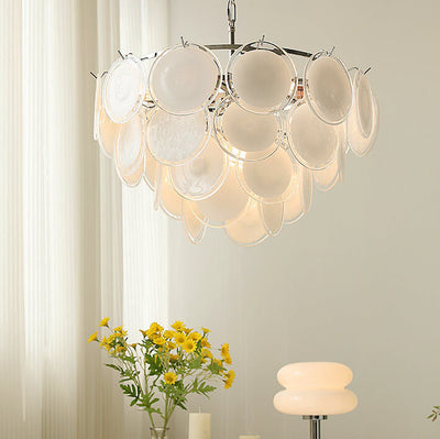 French Vintage White Glass Round Shell 5 Light Chandelier