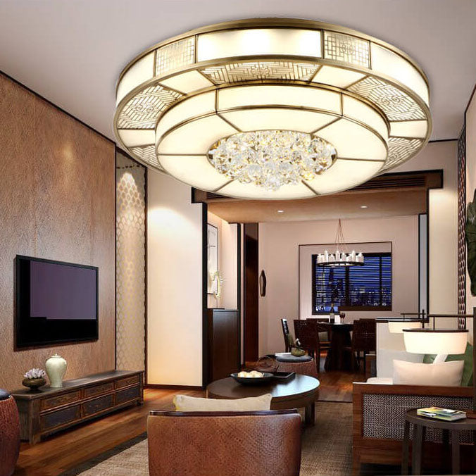 Luxury Chinese Round Crystal Brass LED Flush Mount Ceiling Light