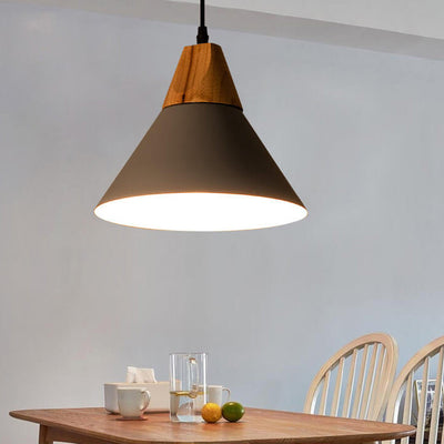 Industrial Minimalist Cone Wood Iron 1-Light Pendant Light