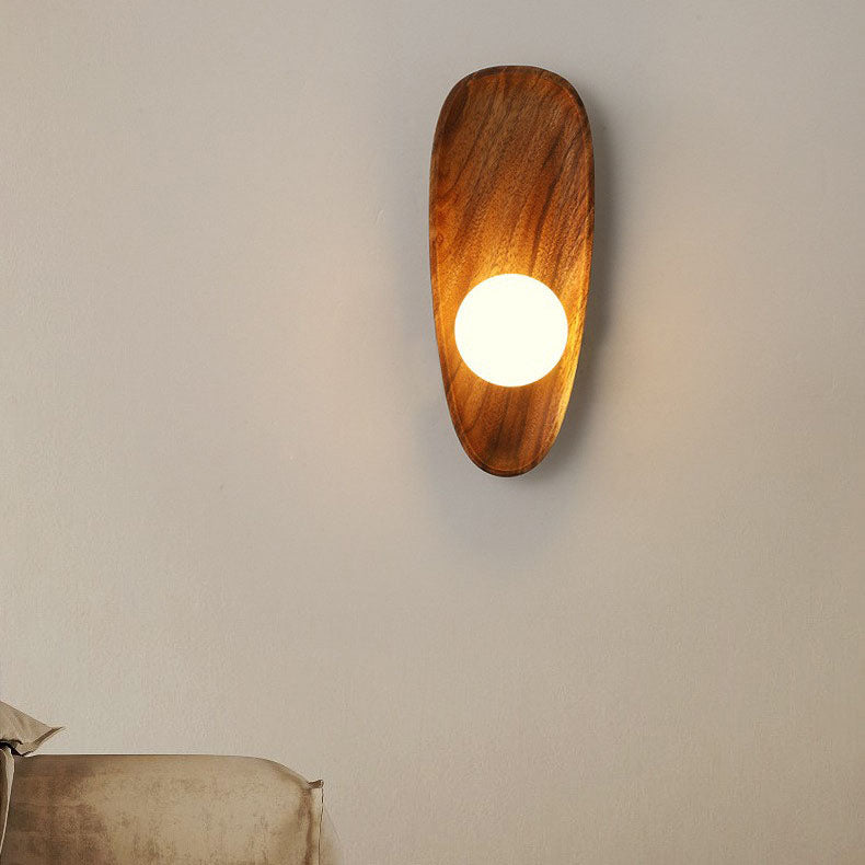 Aplique de pared LED de madera y vidrio con placa ovalada irregular japonesa tradicional para dormitorio 