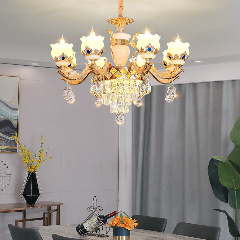 Modern Luxury Floral Candelabra Zinc Alloy Crystal Jade 6/8/10/15 Light Chandelier