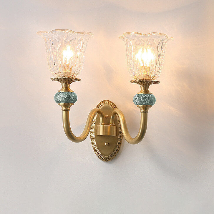 European Luxury Floral Glass Brass Curved Arm 1/2 Light Wall Sconce Lamp