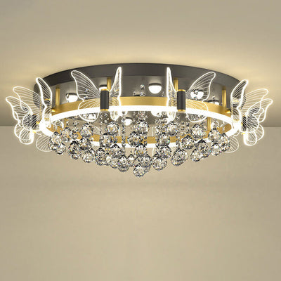 Modern Luxury Radiant Crystal Strings Butterfly Embellishment Round Shade LED Flush Mount Ceiling Light For Living Room