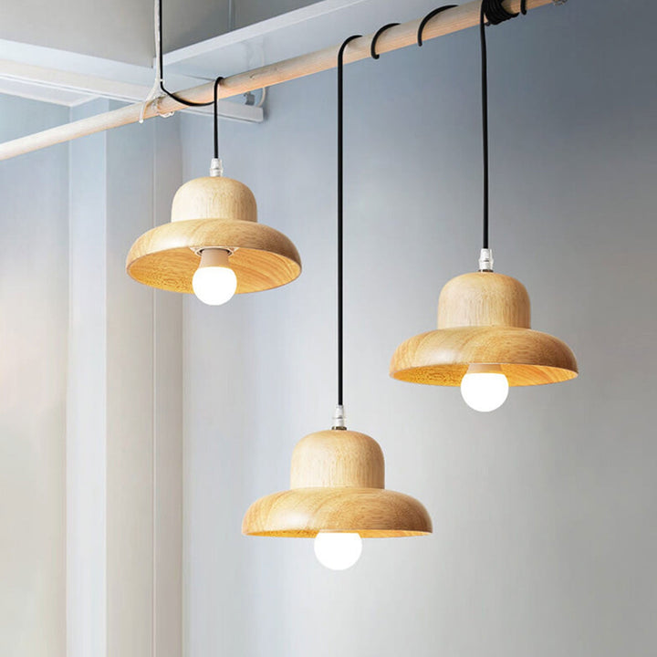 Lámpara colgante de una luz con cúpula de sombrero de madera maciza nórdica 