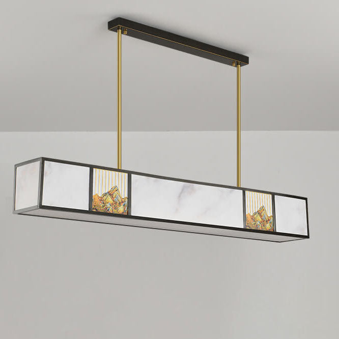 Traditional Chinese Copper Carved Decorative Acrylic Rectangular Shade LED Island Light Pendant Light For Living Room