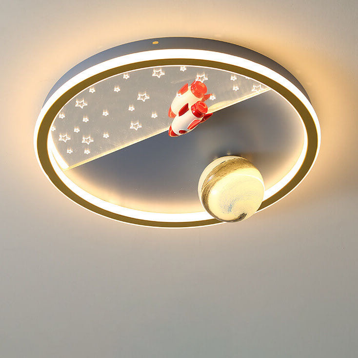 Creative Cartoon Rocket Planet Round Iron LED Kids Flush Mount Ceiling Light