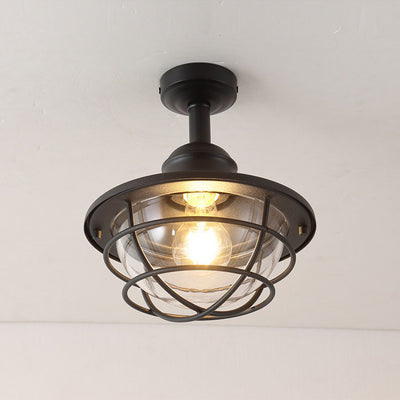 Industrial Vintage Glass Drum 1-Light Outdoor Semi-Flush Mount Ceiling Light