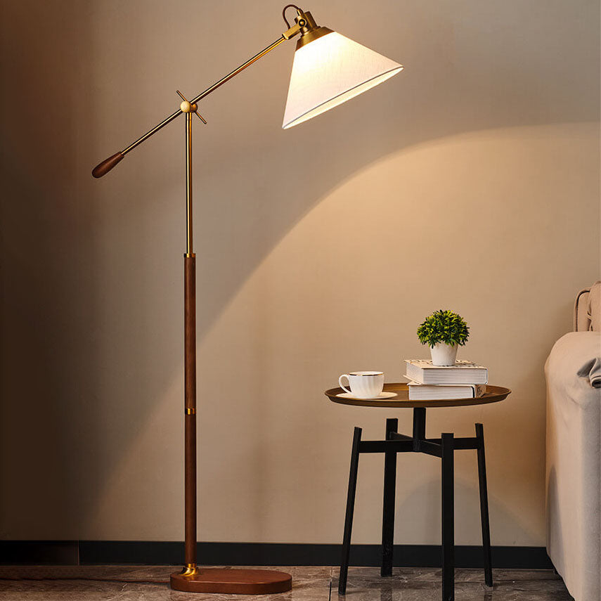 Traditional Vintage Fabric Cone Metal Ash Wood 1-Light Standing Floor Lamp For Bedroom
