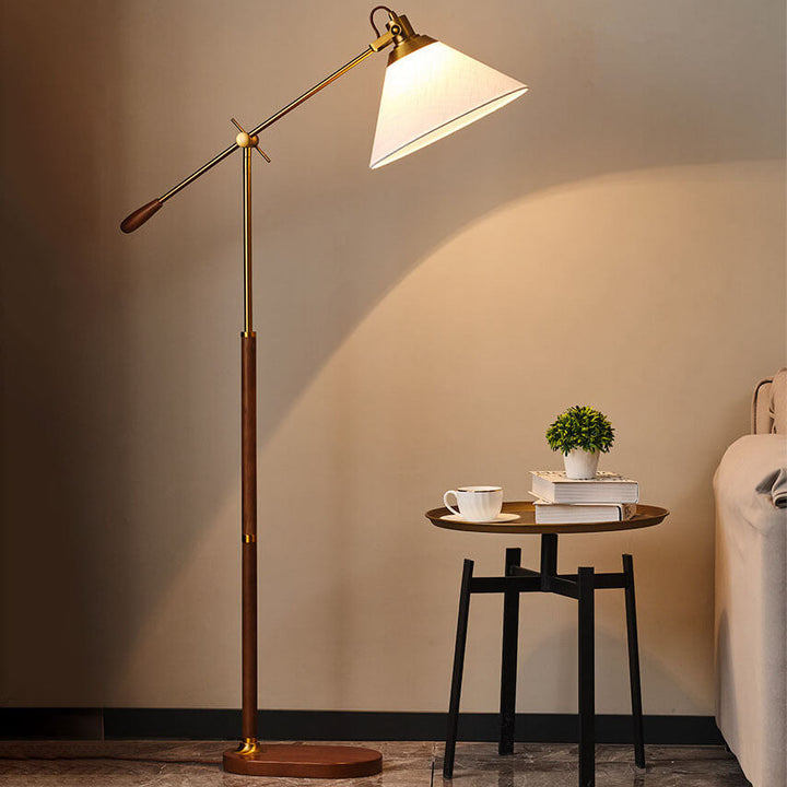 Traditional Vintage Fabric Cone Metal Ash Wood 1-Light Standing Floor Lamp For Bedroom