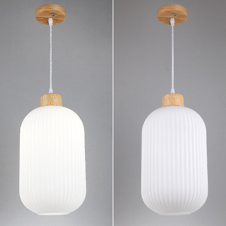 Japanese Minimalist Striped Glass Oval Jar Solid Wood 1-Light Pendant Light