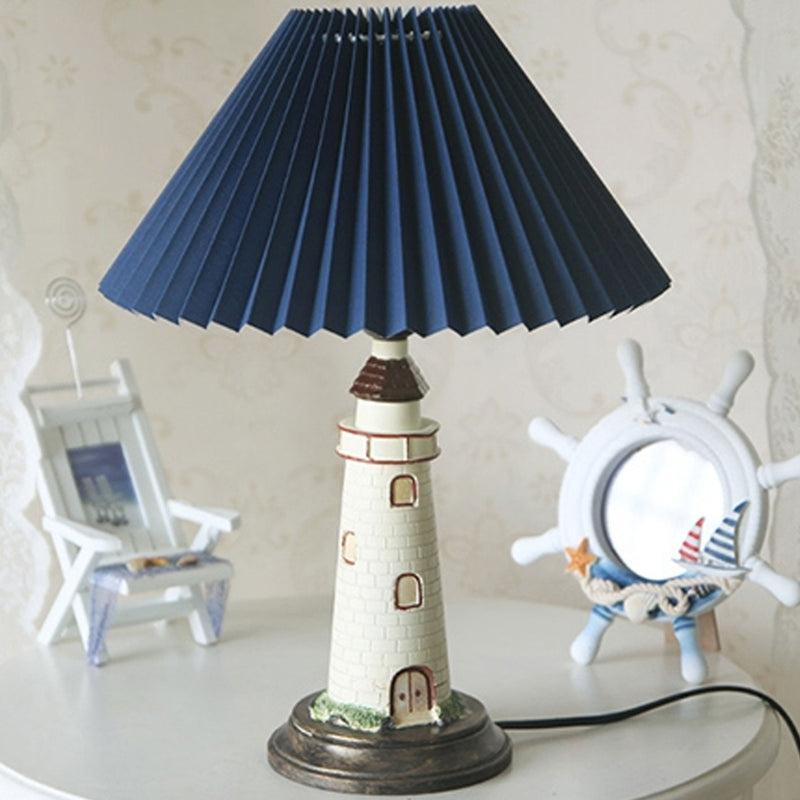 Creative Mediterranean Pleated Lampshade Lighthouse Base 1-Light Table Lamp