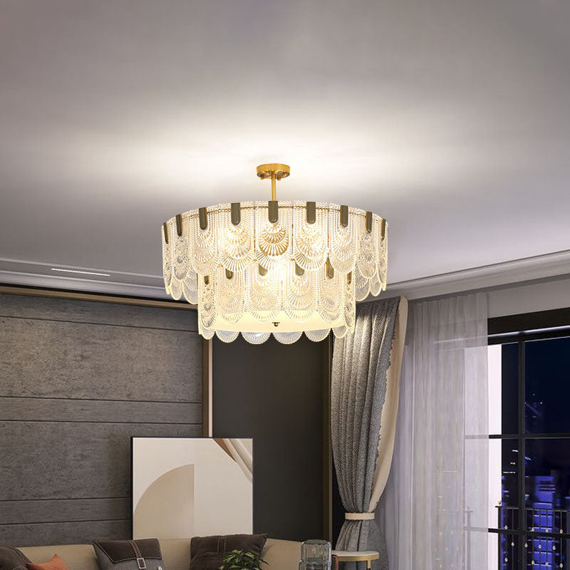 Lustre Moderne Rond en Verre à Double Couche de Luxe avec 6/9 Lumières pour Salon 