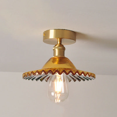 Japanese Vintage Glass Brass Lotus 1-Light Semi-Flush Mount Ceiling Light