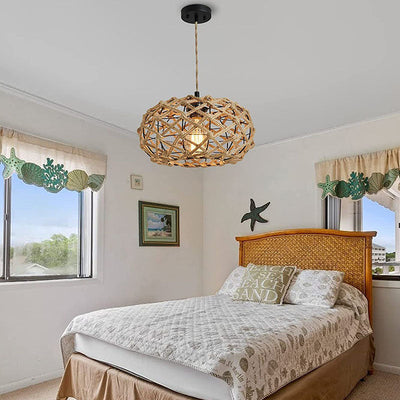 Suspension Luminaire 1 Lumière avec Cage en Fer Tissée en Corde de Chanvre Rustique Traditionnelle pour Cuisine 