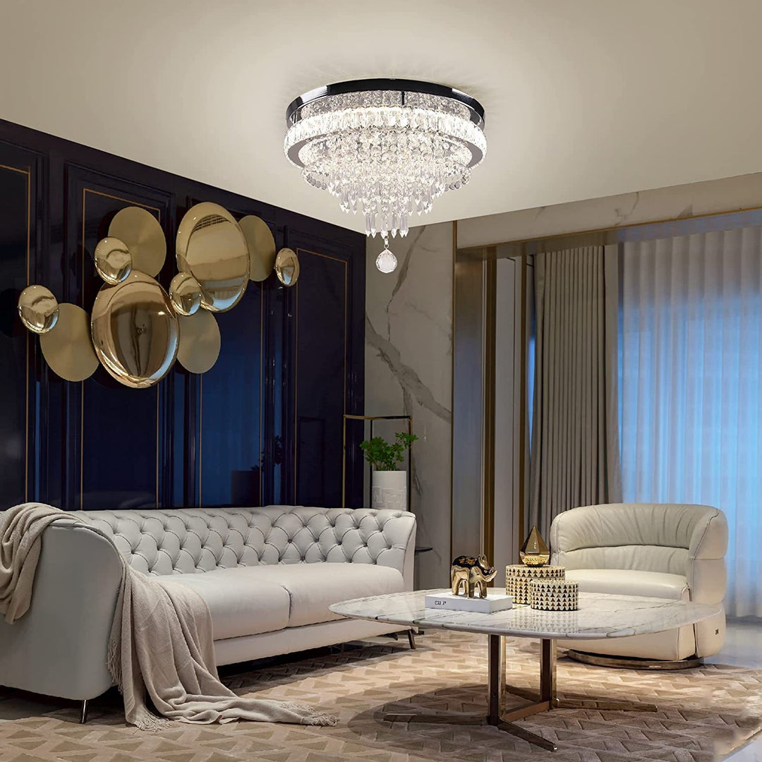 Moderne luxuriöse LED-Deckenleuchte mit Kristall, Edelstahl und rundem Quastendesign für Wohnzimmer &amp; Schlafzimmer 