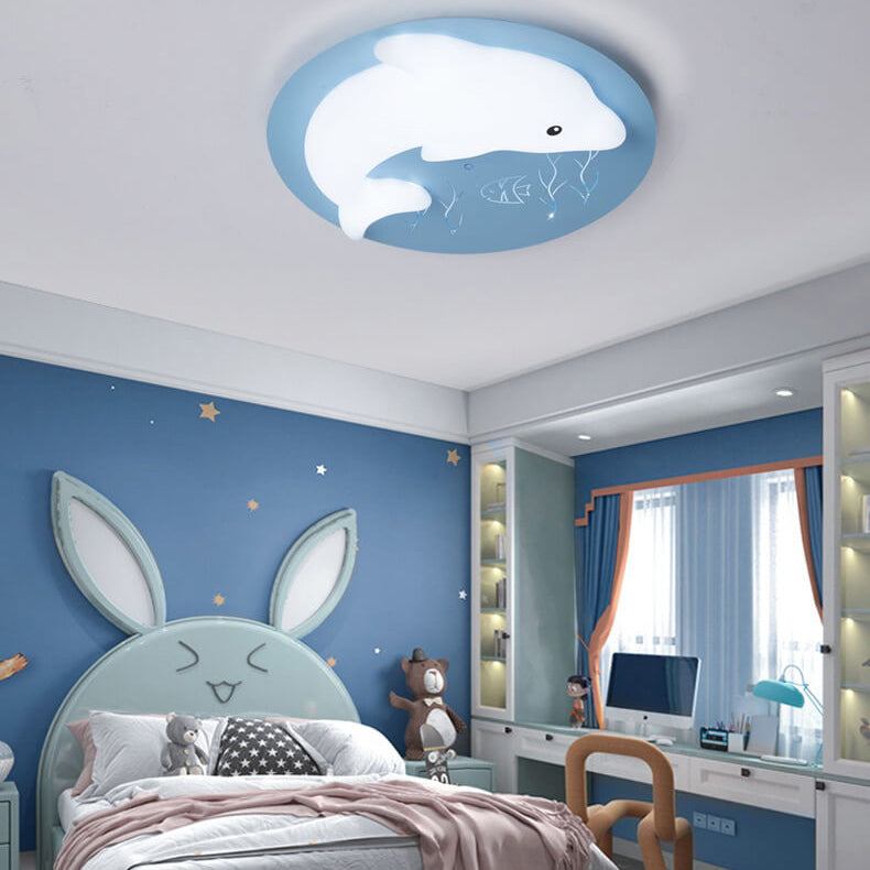 Cartoon Cute Dolphin Blue Disc LED Flush Mount Ceiling Light