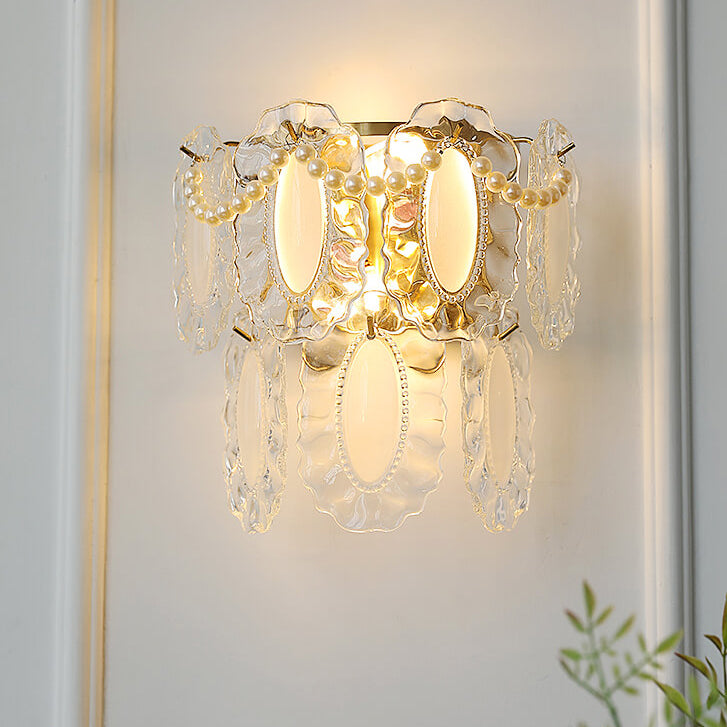 Contemporary Luxury Gold Finish Frame Pearl Water Grain Glass Sheet 2-Light Wall Sconce Lamp For Living Room