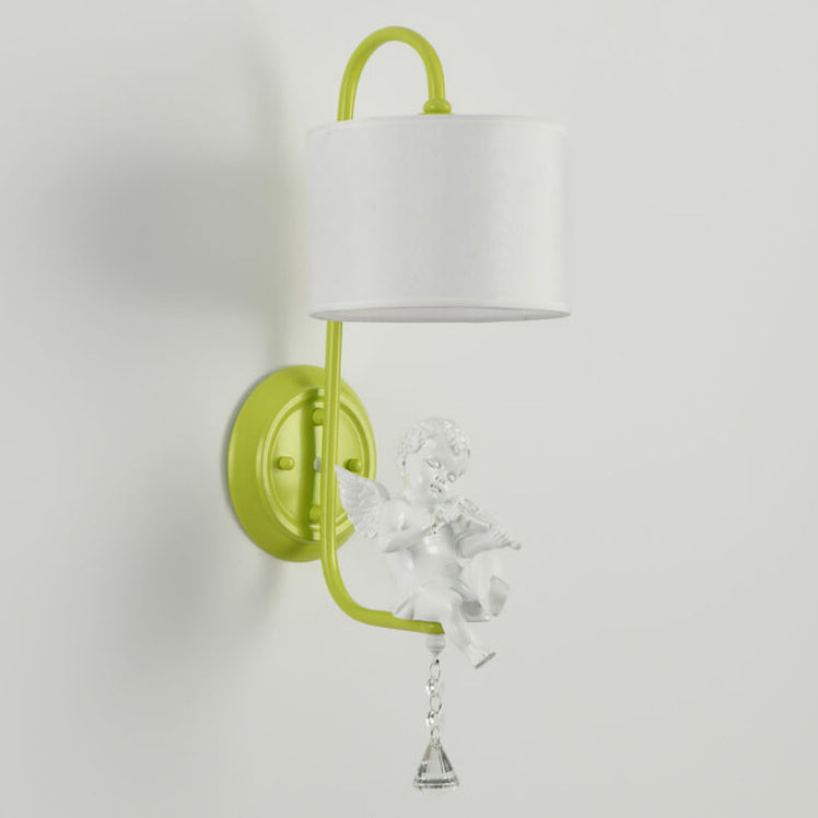French Cream Angel Iron Crystal Resin Fabric 1-Light Wall Sconce Lamp