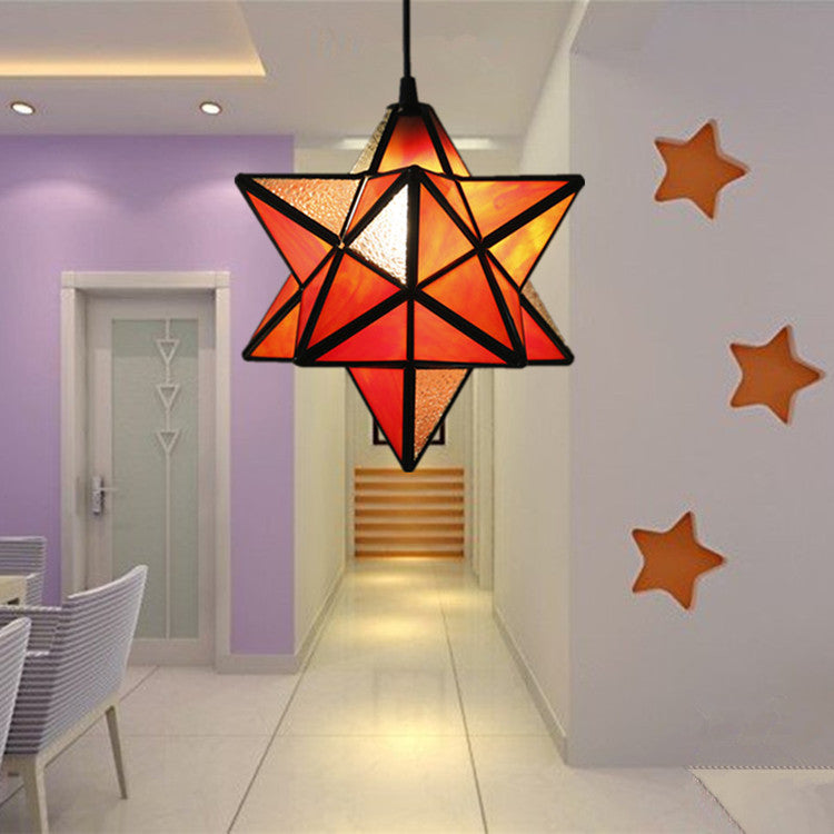 European Tiffany Pentagram Stained Glass 1-Light Pendant Light